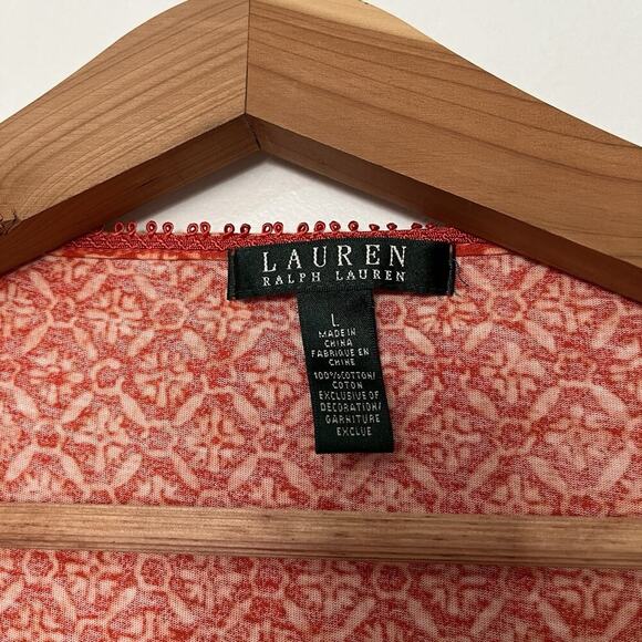 LRL Ralph Lauren Ikat Print Cotton Tunic Top Size L Orange Drawstring Waist Boho - Picture 4 of 6